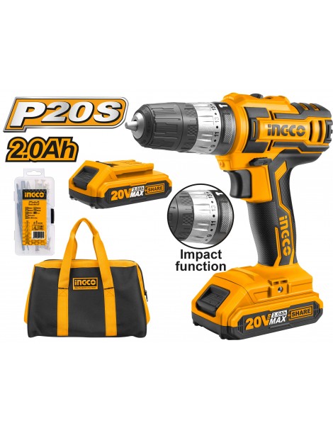 INGCO CIDLI20025 LION IMPACT DRILL+2BATT+CHRGR+50A